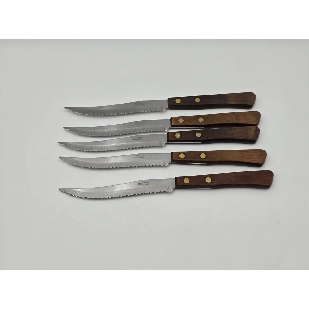 VTG Robinson Serrated Steak Knives Stainless Steel USA Wood Handles Set 5 Holder